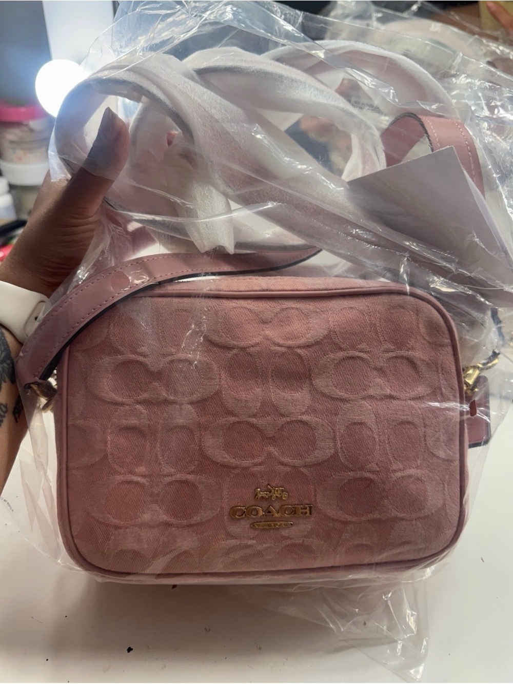 Coach Blush Pink Signature Camera Crossbody